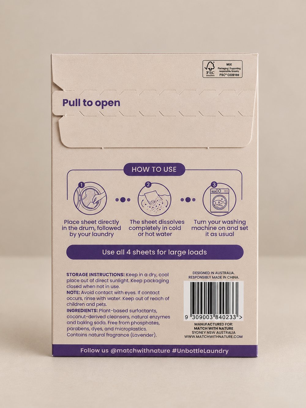 Match with Nature Single Wash laundry sheets, Lavender, back of pack with instructions