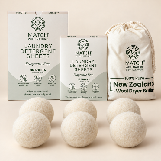 Fragrance Free Complete Bundle: 90-sheet Drawer Pack, 10-sheet Travel Pack and 6 New Zealand wool dryer balls