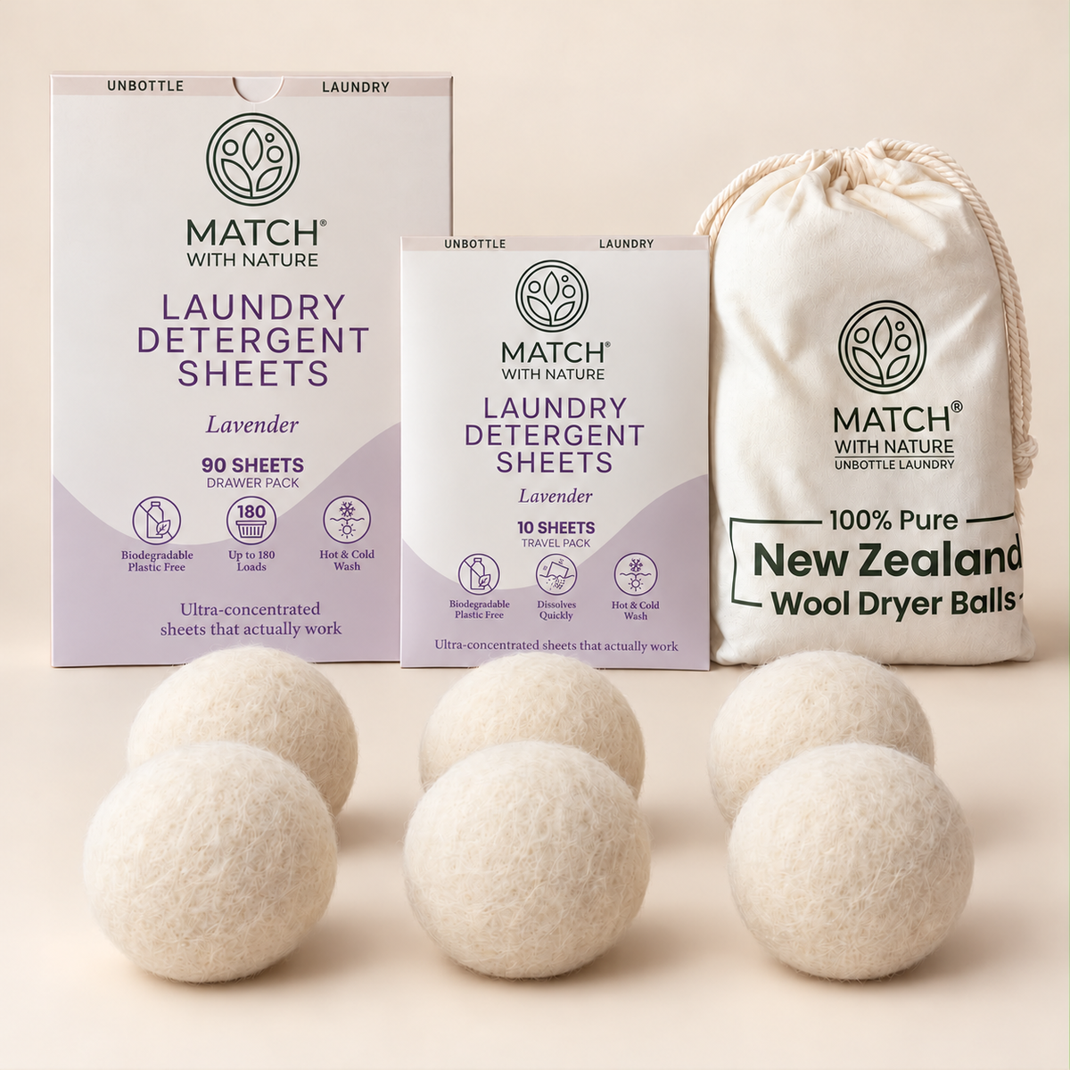Lavender Complete Bundle: 90-sheet Drawer Pack, 10-sheet Travel Pack and the cotton bag of 6 New Zealand wool dryer balls