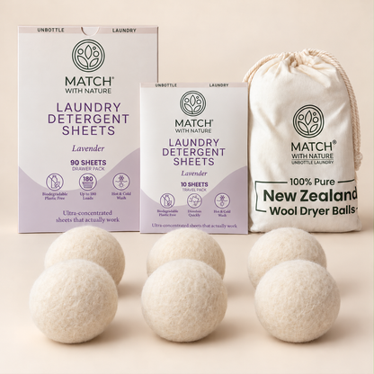 Lavender Complete Bundle: 90-sheet Drawer Pack, 10-sheet Travel Pack and the cotton bag of 6 New Zealand wool dryer balls