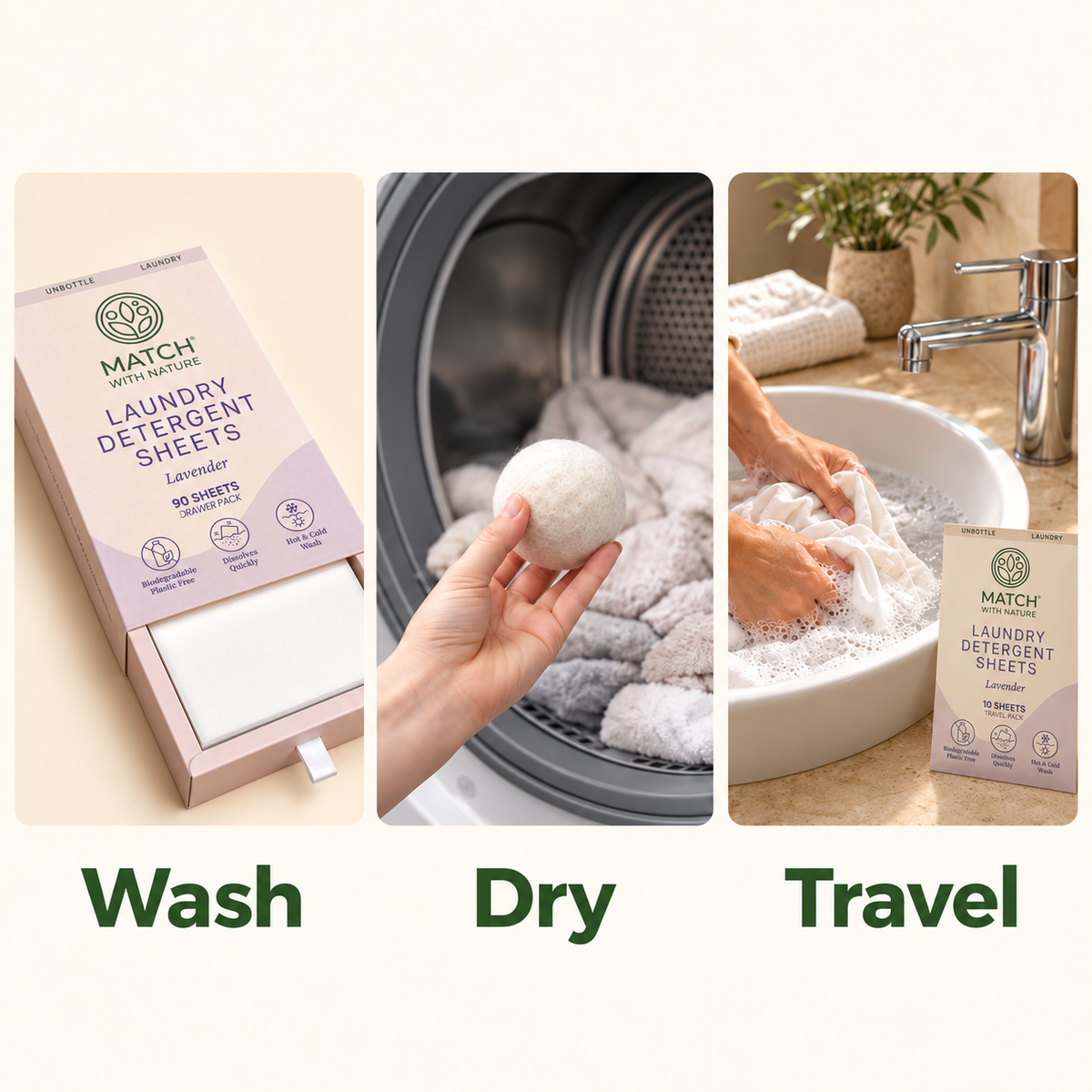 Wash, dry, travel: the Lavender Drawer Pack, a wool dryer ball going into the dryer, and the Lavender Travel Pack beside a basin of handwashing