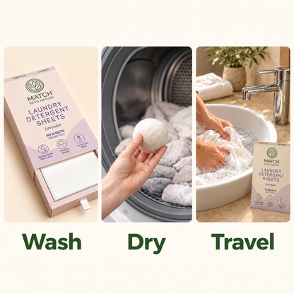 Wash, dry, travel: the Lavender Drawer Pack, a wool dryer ball going into the dryer, and the Lavender Travel Pack beside a basin of handwashing