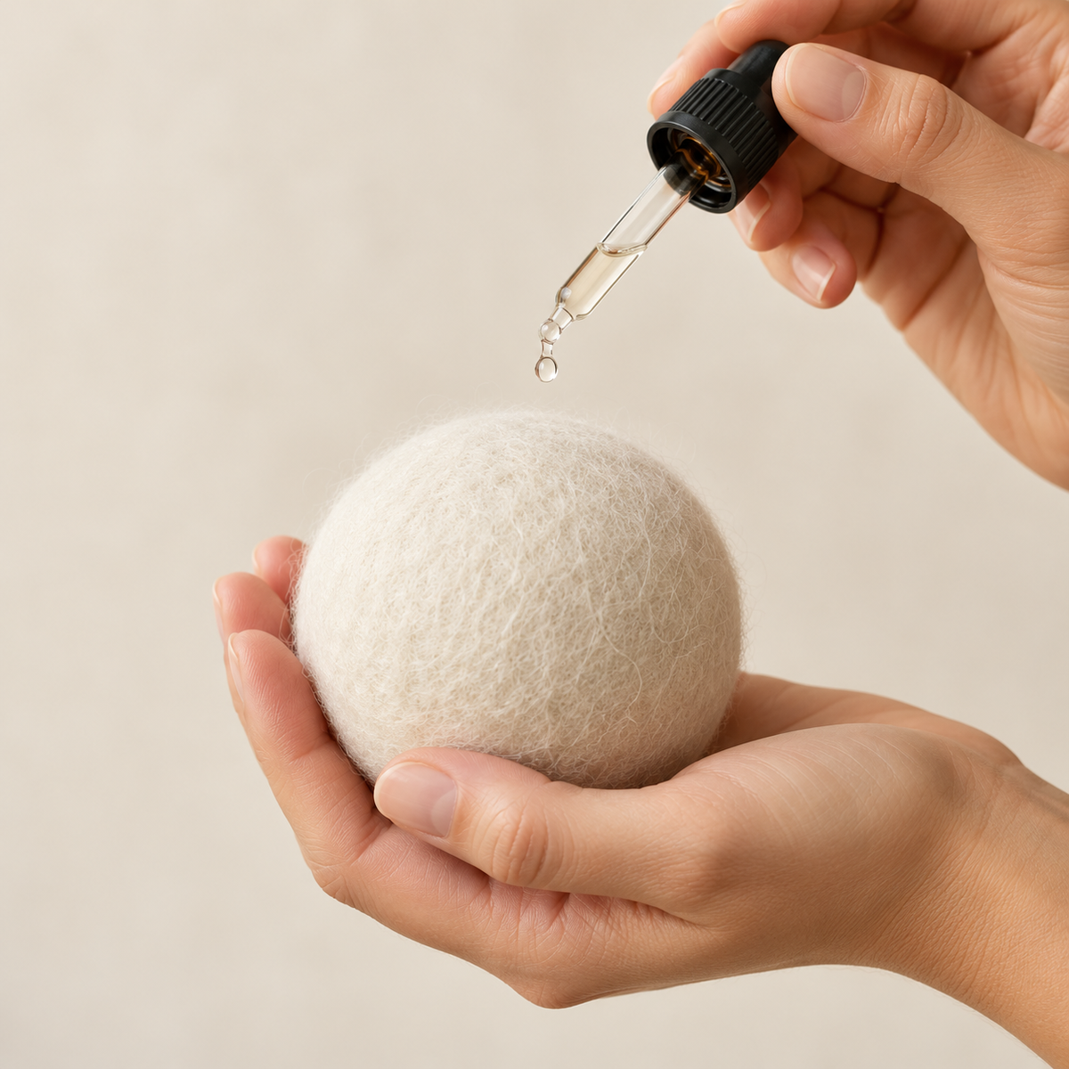 Adding a drop of essential oil to a wool dryer ball with a dropper