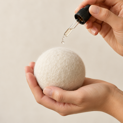 Adding a drop of essential oil to a wool dryer ball with a dropper