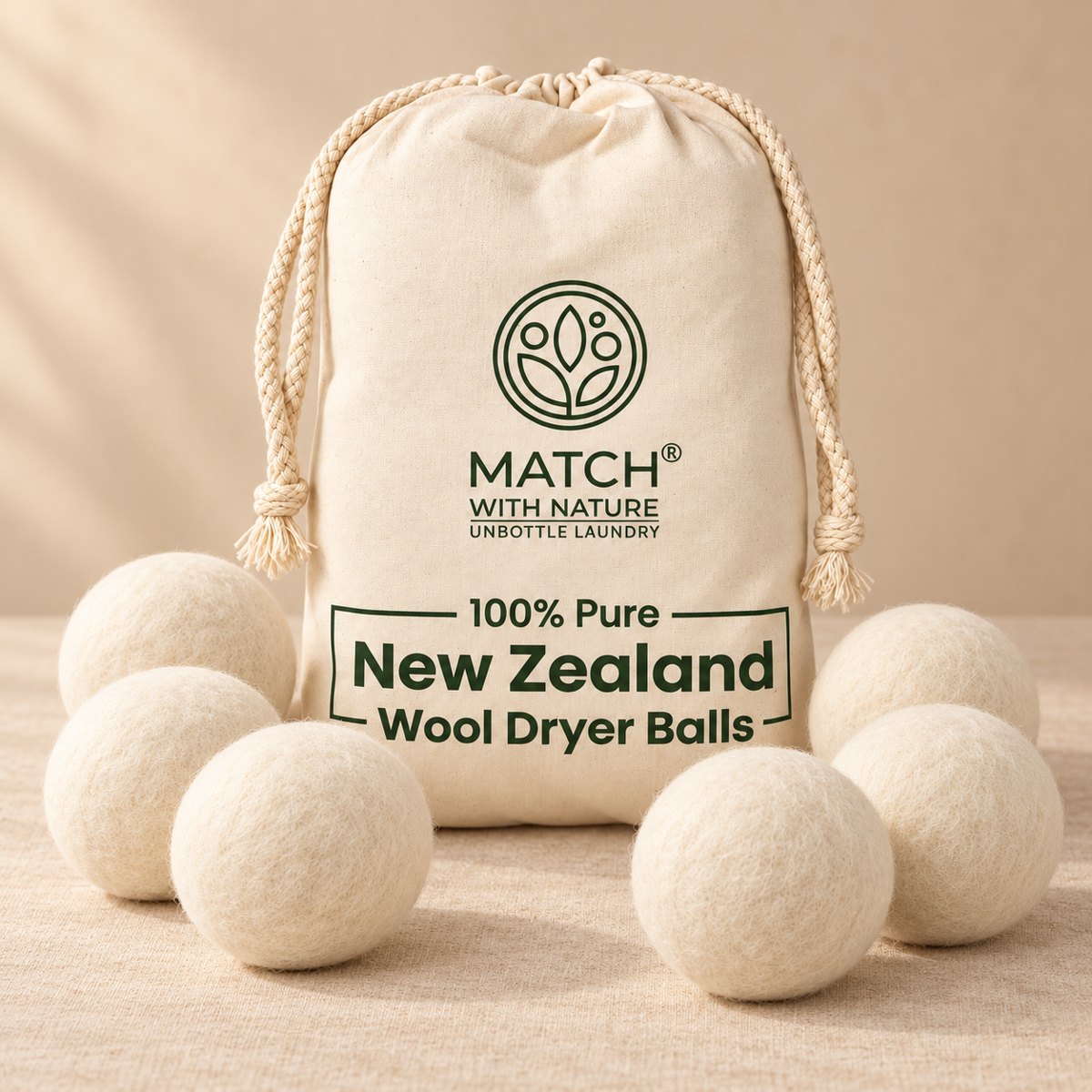 Match with Nature 100% New Zealand wool dryer balls, six balls with cotton drawstring bag