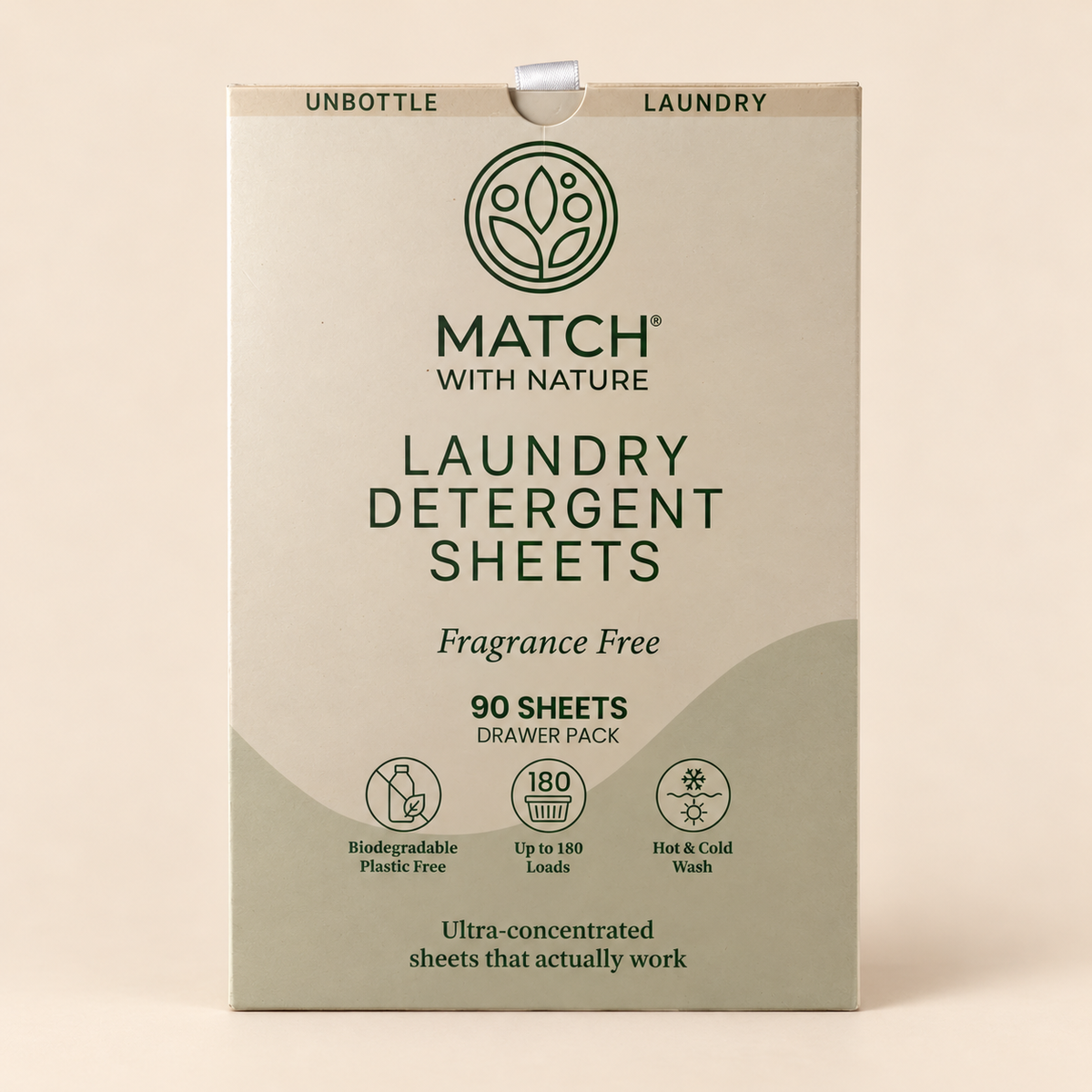 Match with Nature Laundry Detergent Sheets, Fragrance Free, 90-sheet Drawer Pack – front of pack