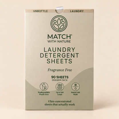 Match with Nature Laundry Detergent Sheets, Fragrance Free, 90-sheet Drawer Pack – front of pack