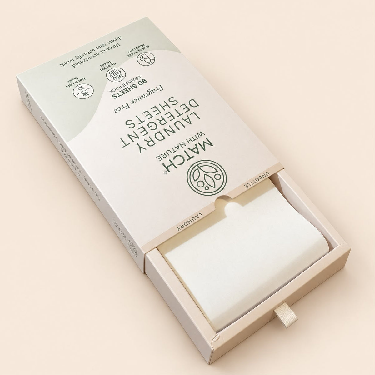 Fragrance Free Drawer Pack with the drawer pulled out, showing the stack of laundry detergent sheets inside