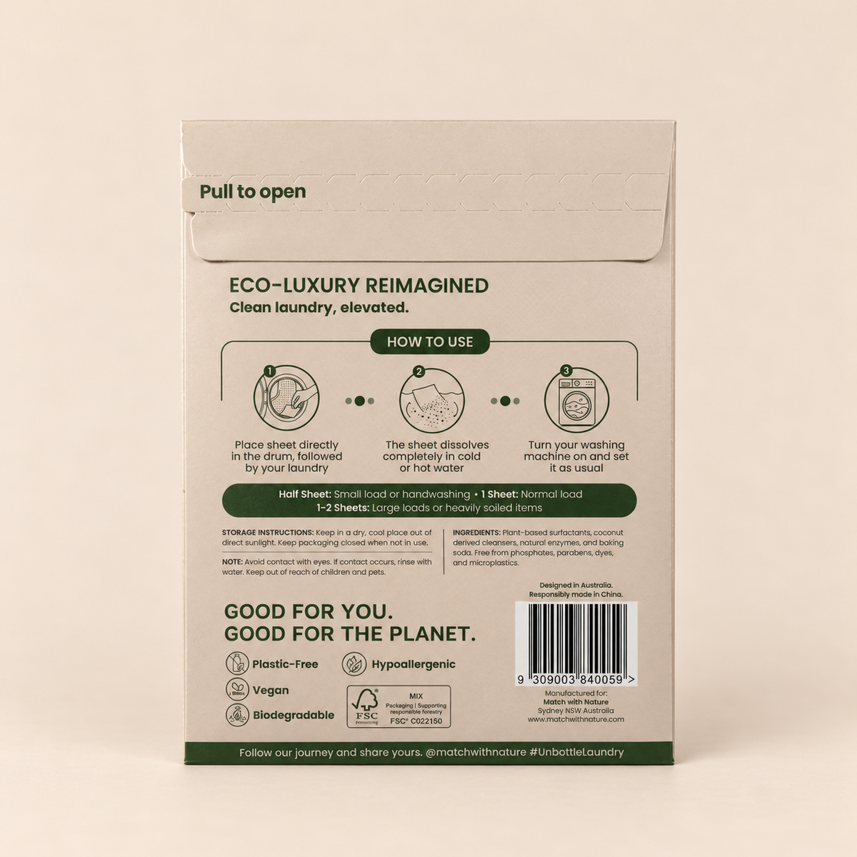 Back of the Fragrance Free Travel Pack envelope showing the pull-to-open flap, how to use, storage instructions and ingredients