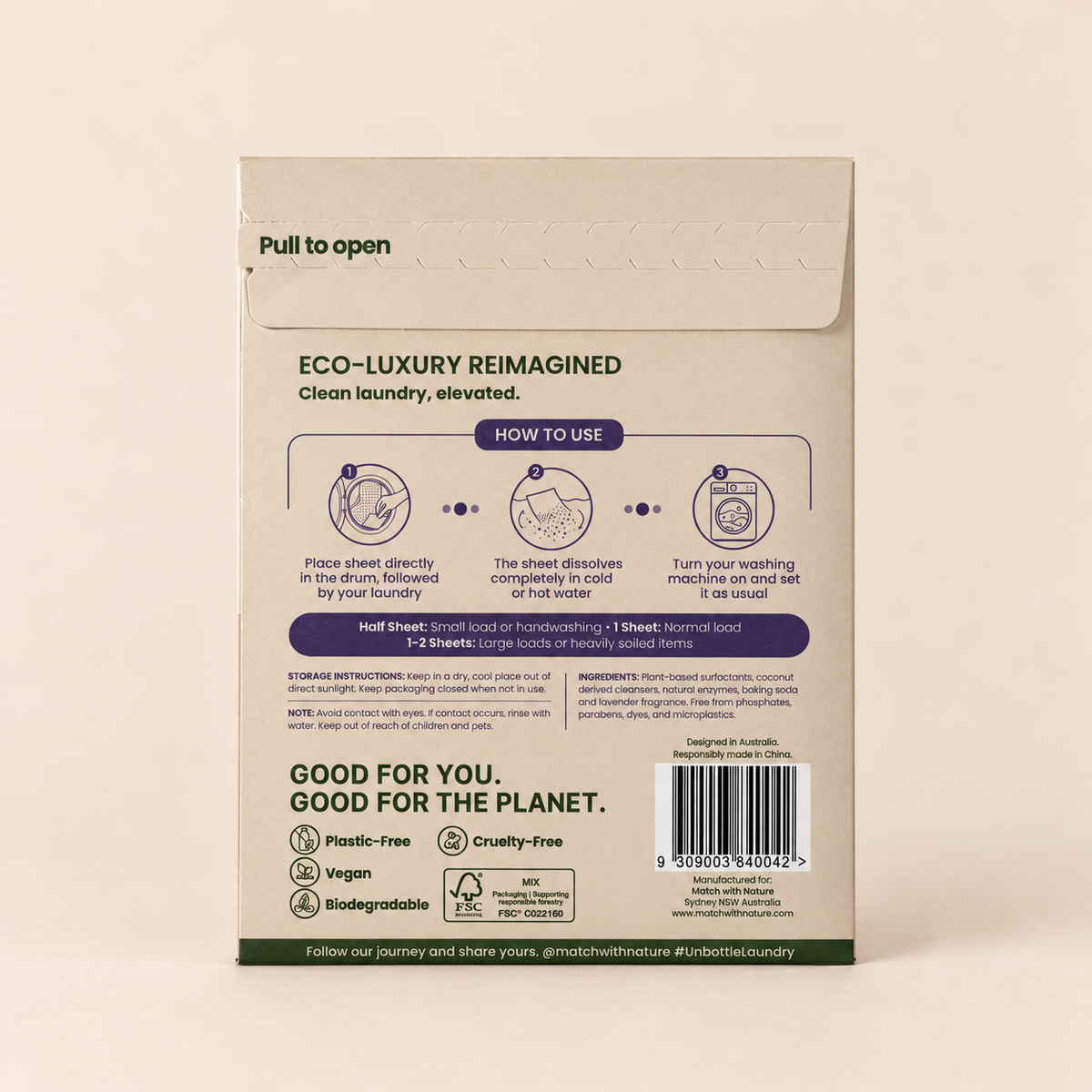Back of the Lavender Travel Pack envelope showing the pull-to-open flap, how to use, storage instructions and ingredients