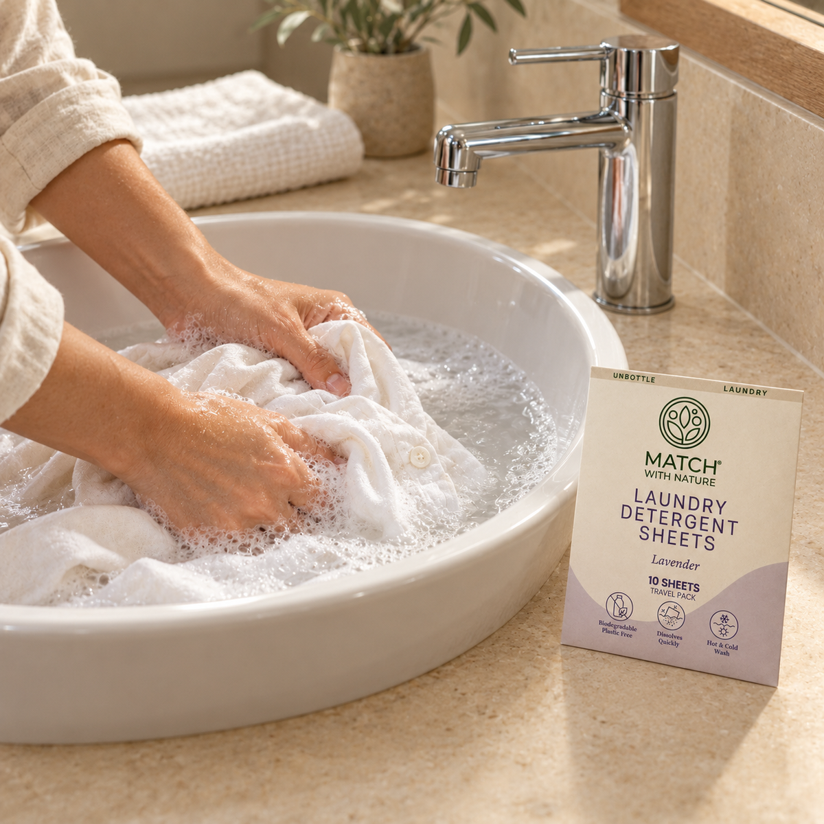 Hands washing a white shirt in a basin, with the Lavender Travel Pack standing on the bench