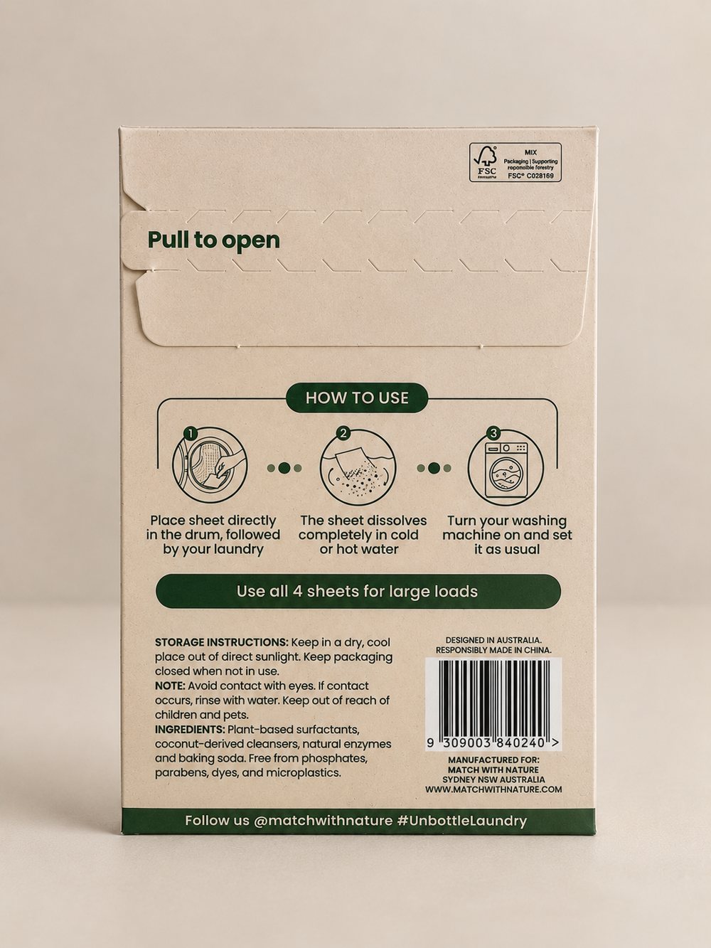 Match with Nature Single Wash laundry sheets, Fragrance Free, back of pack with instructions