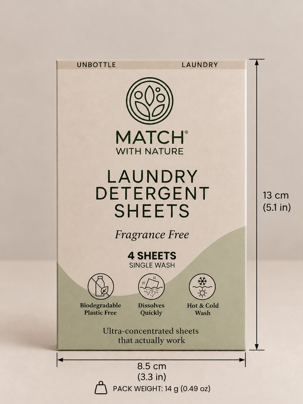 Match with Nature Single Wash laundry sheets, Fragrance Free, 4 mini sheets, front of pack with dimensions