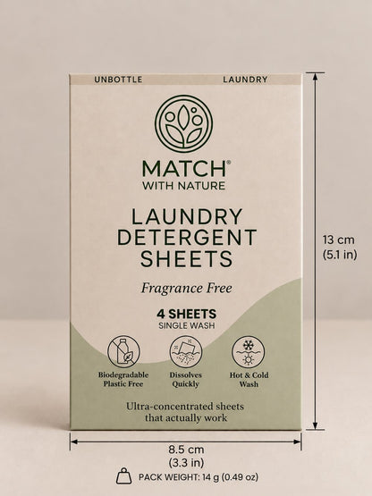 Match with Nature Single Wash laundry sheets, Fragrance Free, 4 mini sheets, front of pack with dimensions