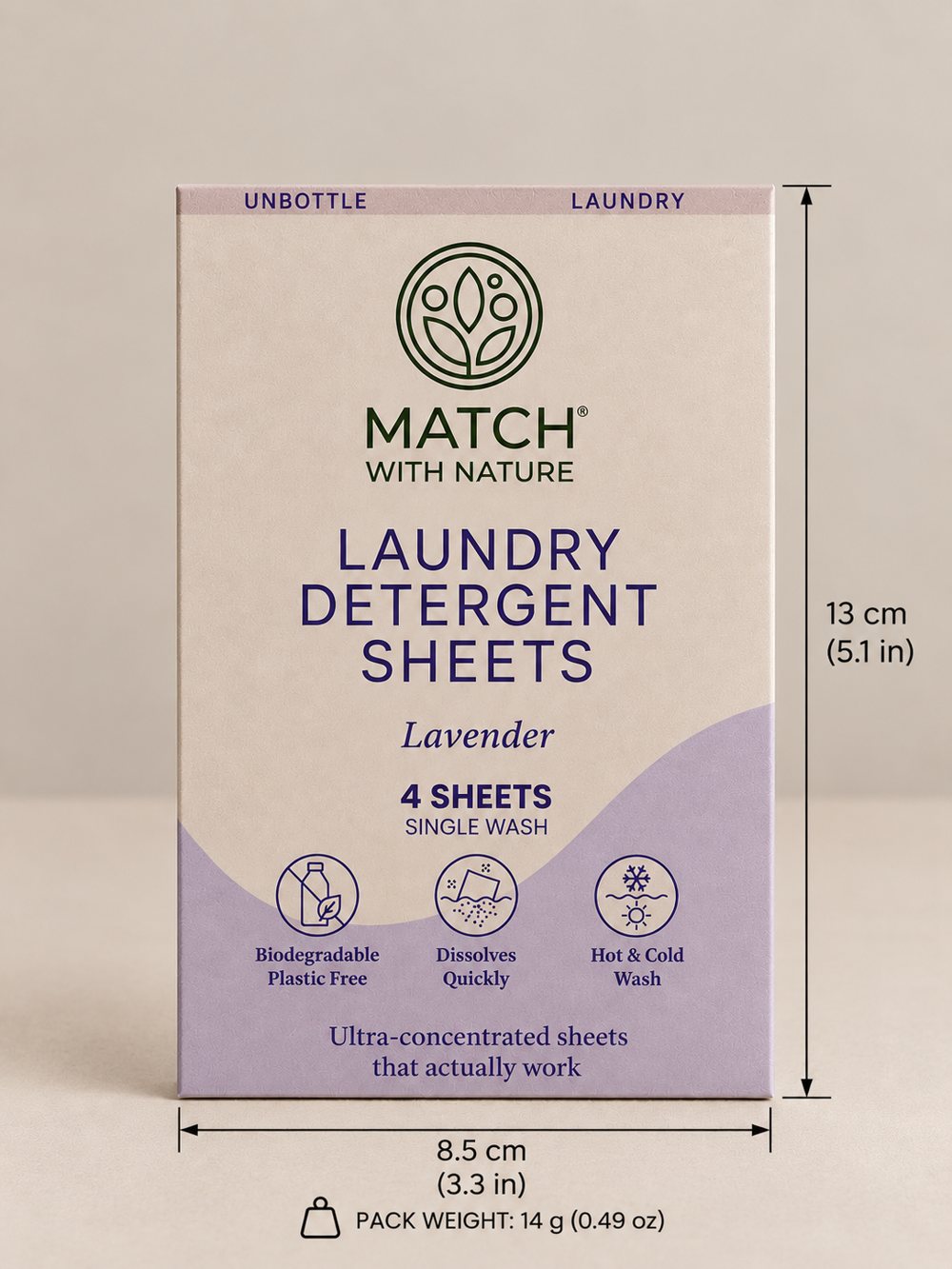 Match with Nature Single Wash laundry sheets, Lavender, 4 mini sheets, front of pack with dimensions