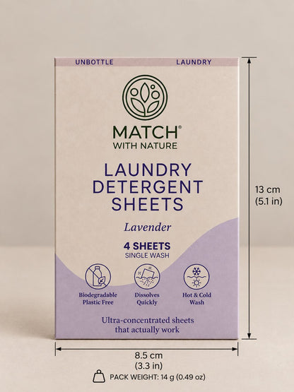 Match with Nature Single Wash laundry sheets, Lavender, 4 mini sheets, front of pack with dimensions
