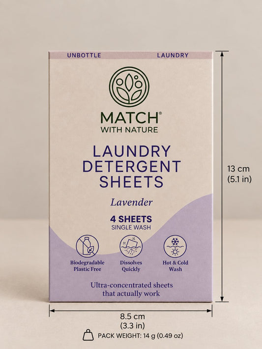 Match with Nature Single Wash laundry sheets, Lavender, 4 mini sheets, front of pack with dimensions