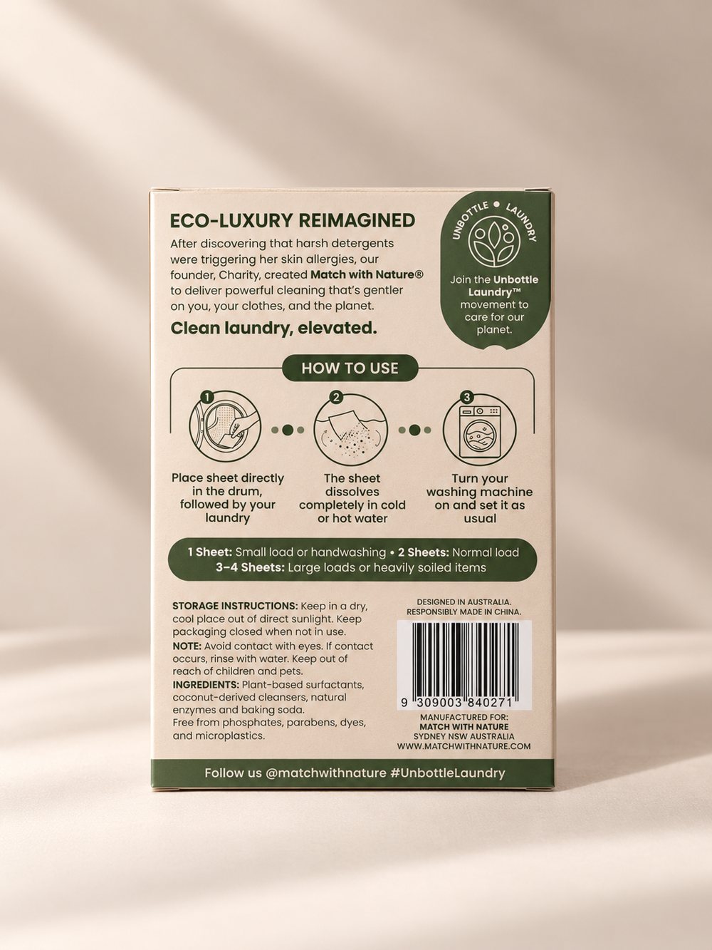 Match with Nature Vend-Ready laundry sheets, Fragrance Free, back of pack with instructions