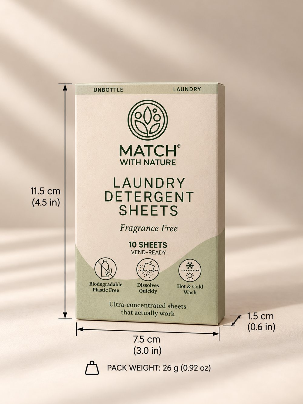 Match with Nature Vend-Ready laundry sheets, Fragrance Free, 10 mini sheets, front of pack with dimensions