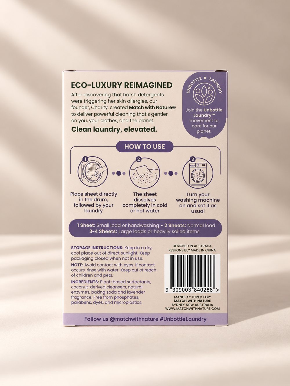 Match with Nature Vend-Ready laundry sheets, Lavender, back of pack with instructions