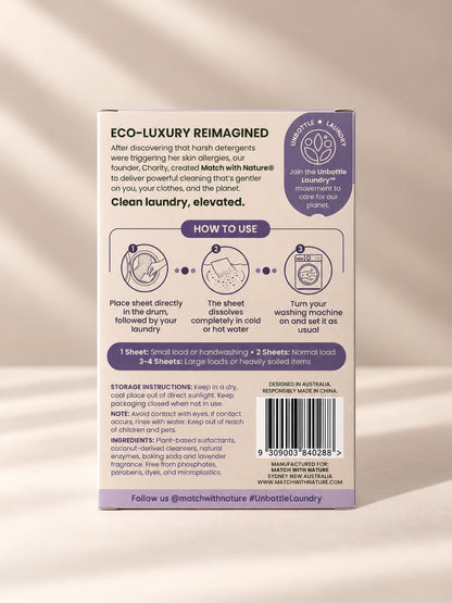 Match with Nature Vend-Ready laundry sheets, Lavender, back of pack with instructions