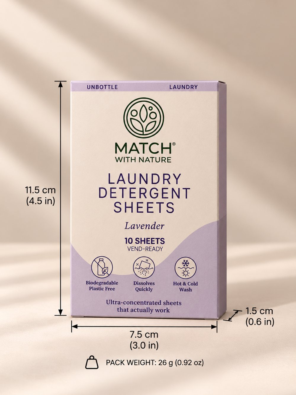 Match with Nature Vend-Ready laundry sheets, Lavender, 10 mini sheets, front of pack with dimensions