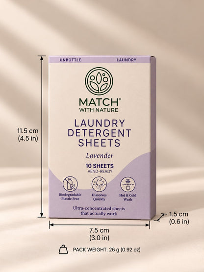 Match with Nature Vend-Ready laundry sheets, Lavender, 10 mini sheets, front of pack with dimensions