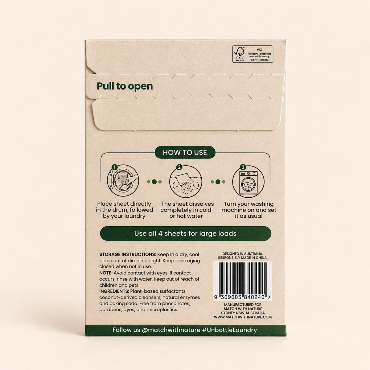Back of the Single-Wash envelope: pull to open, how to use (all 4 sheets for large loads), storage and ingredients