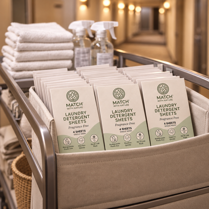 Fragrance Free Single-Wash envelopes stocked on a housekeeping trolley with fresh towels