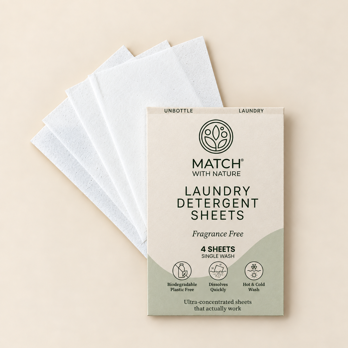 The 4 mini detergent sheets from one Fragrance Free Single-Wash envelope
