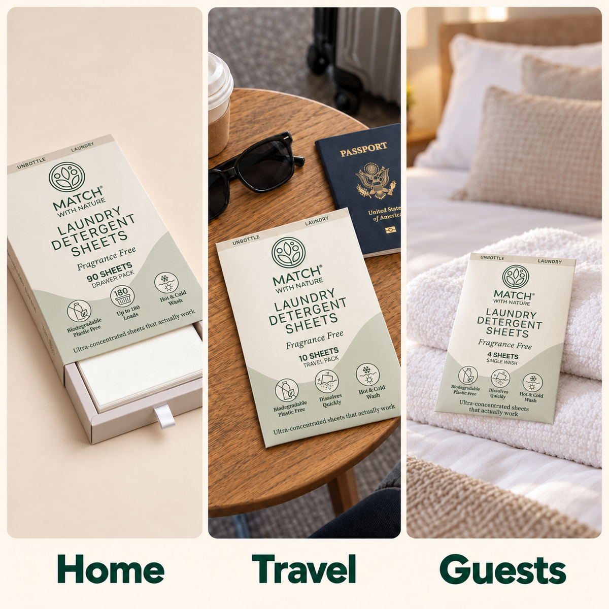 Home, travel and one-off washes: the Fragrance Free Drawer Pack, Travel Pack and Single-Wash envelope in use