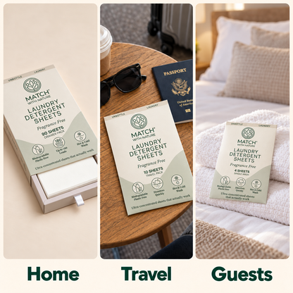 Home, travel and one-off washes: the Fragrance Free Drawer Pack, Travel Pack and Single-Wash envelope in use
