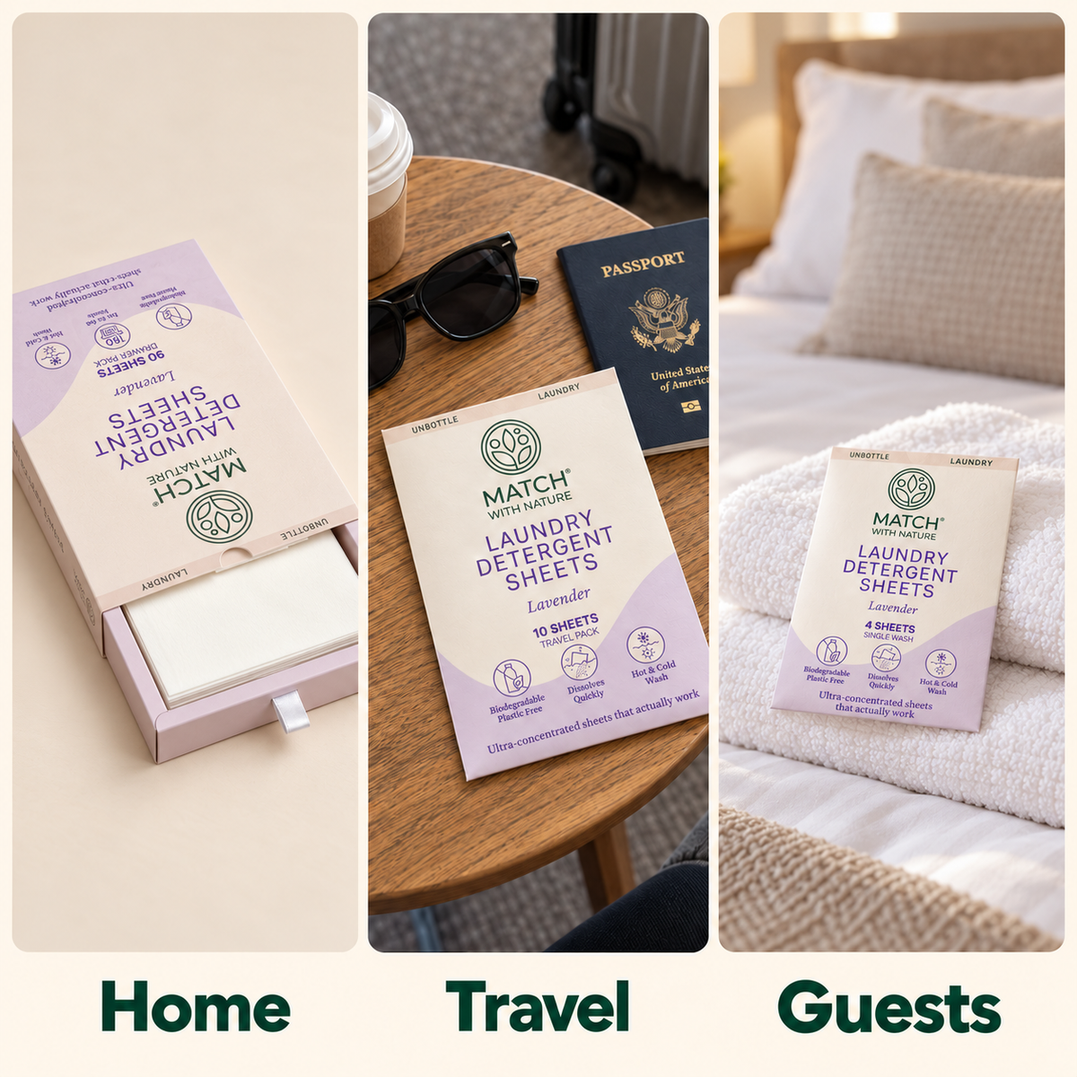 Home, travel and one-off washes: the Lavender Drawer Pack, Travel Pack and Single-Wash envelope in use