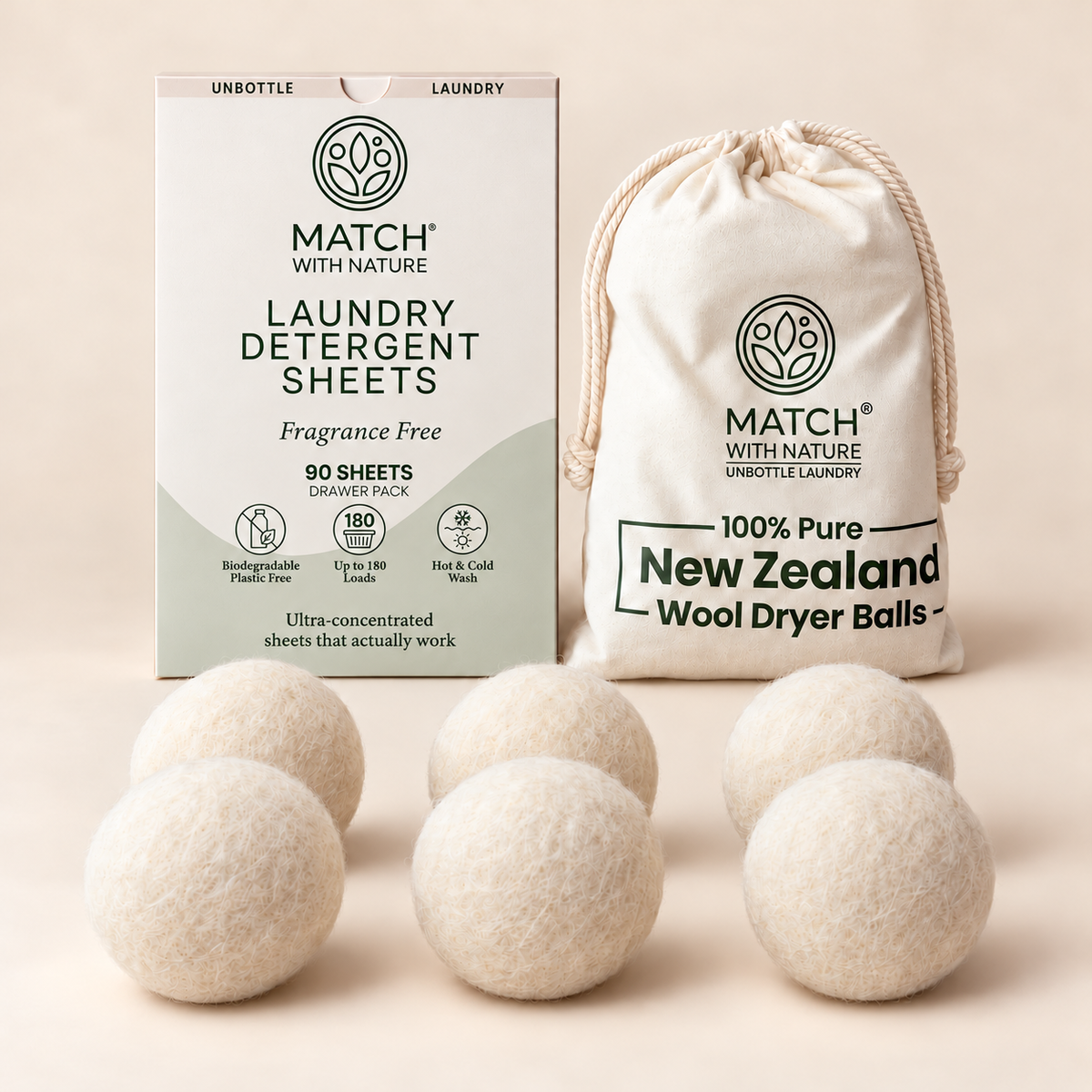 Fragrance Free Wash and Dry Bundle: 90-sheet Drawer Pack and the cotton bag of 6 New Zealand wool dryer balls