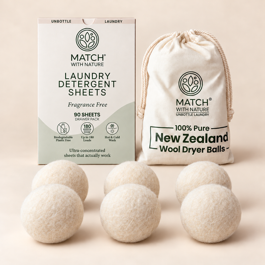 Fragrance Free Wash and Dry Bundle: 90-sheet Drawer Pack and 6 New Zealand wool dryer balls
