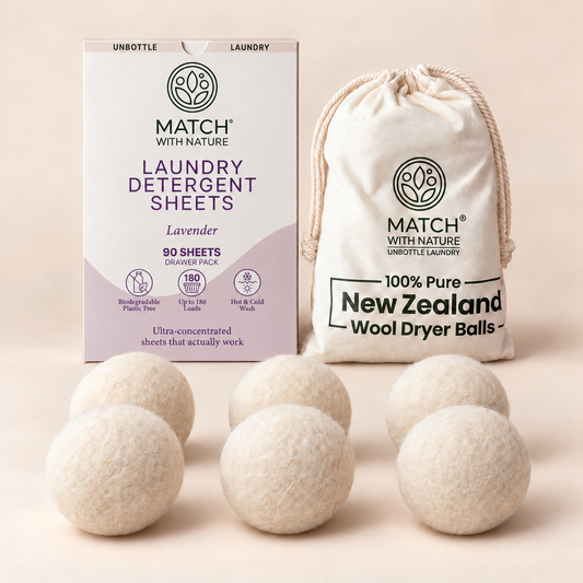 Lavender Wash and Dry Bundle: 90-sheet Drawer Pack and 6 New Zealand wool dryer balls