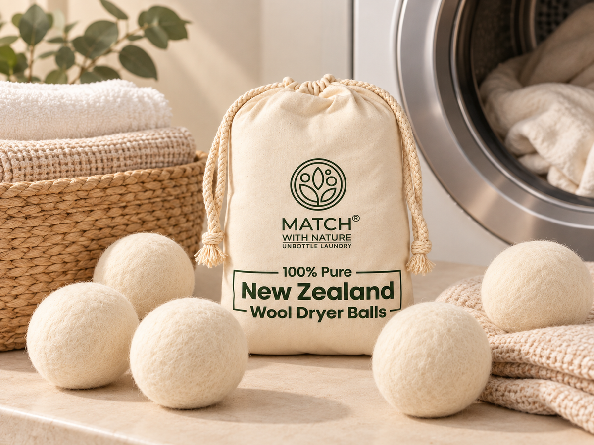 Match with Nature wool dryer balls in a warm neutral laundry setting