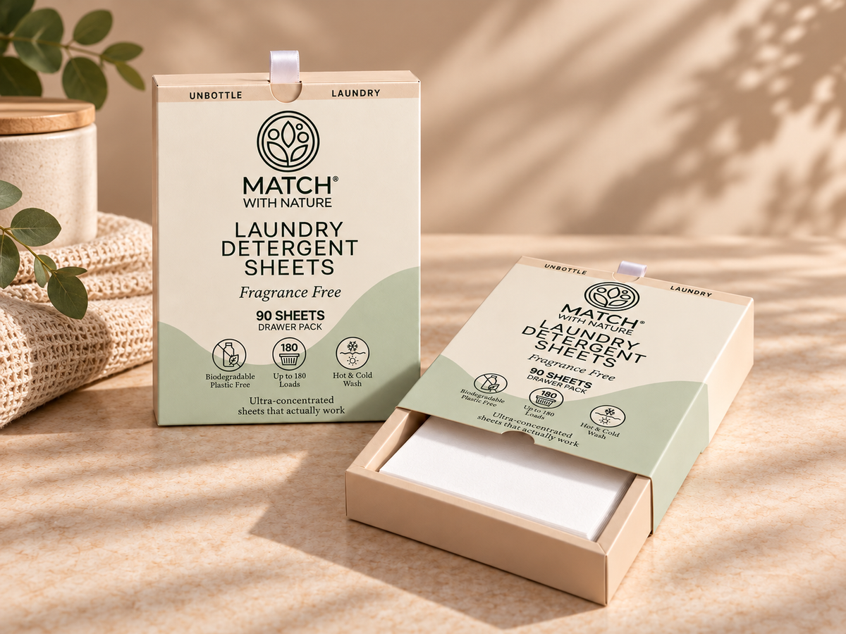 Match with Nature laundry detergent sheets in a warm laundry setting